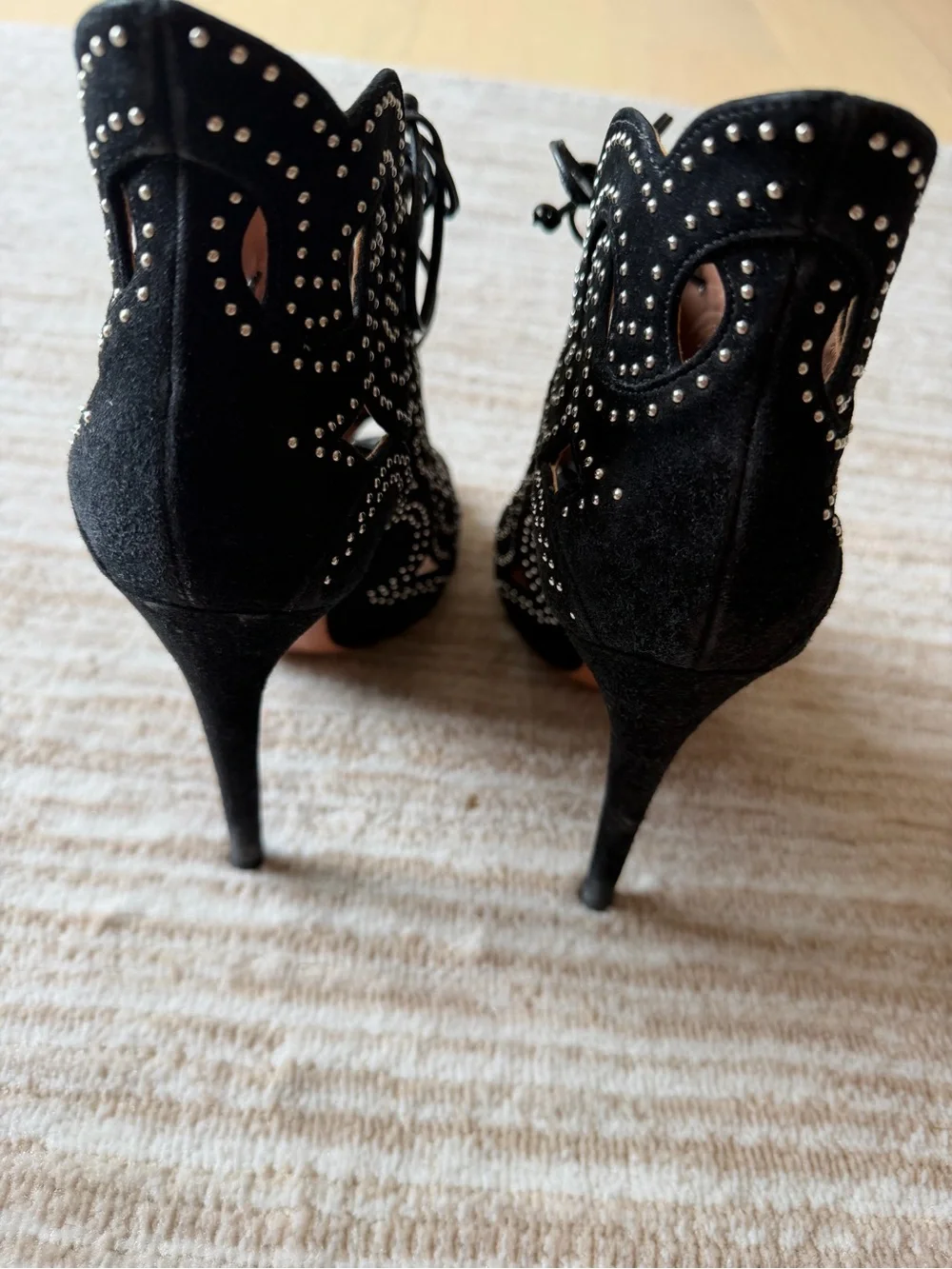 ALAIA Black Studded Lace-Up Peep Toe Boots. Size 38